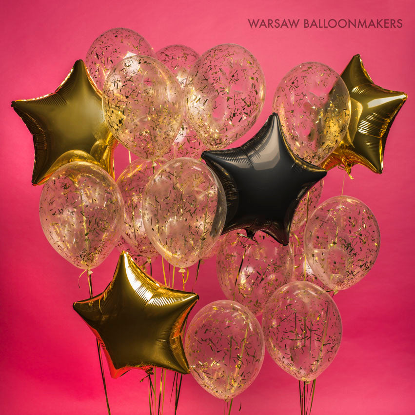 Bukiet balonowy z helem, złote konfetti, gwiazdki, Sylwester - Warsaw balloonmakers