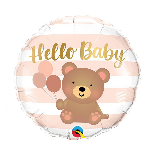 Balon foliowy z helem, okrągły, miś, Qualatex, 46cm - Hello Baby