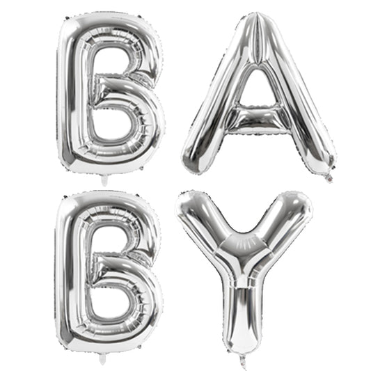 Literki tworzące napis "BABY" z helem, XXL, 86cm, srebrne, latające - Warsaw balloonmakers
