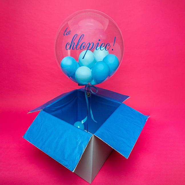 Deco Bubble - Balon z helem + niebieskie baloniki w środku, Qualatex, dodaj napis