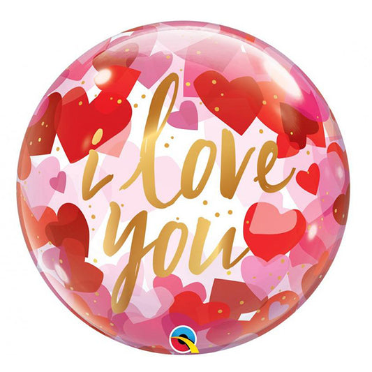 Balon bubble z helem, serduszka, Qualatex, 56 cm - I Love You