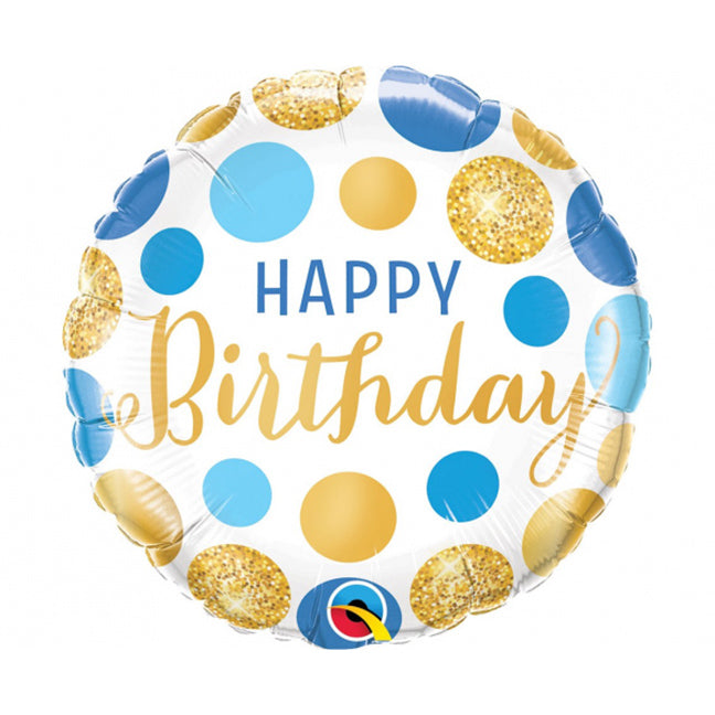 Balon foliowy z helem, okrągły, Qualatex, 48cm - Happy Birthday Blue & Gold Dots