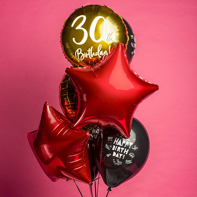 Bukiet balonów z helem na 30. urodziny - 7 balonów, złoto, czerwień i czerń