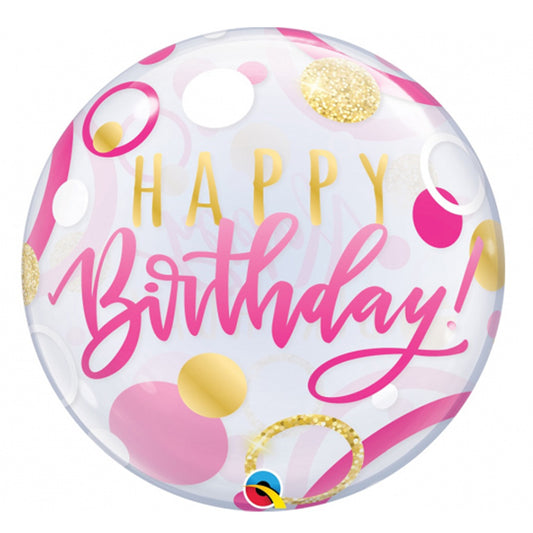 Balon bubble z helem, Qualatex, 56cm - Birthday Pink & Gold Dots