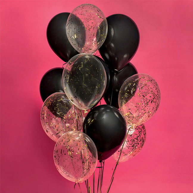 balony z helem na sylwestra, konfetti i czarne balony lateksowe