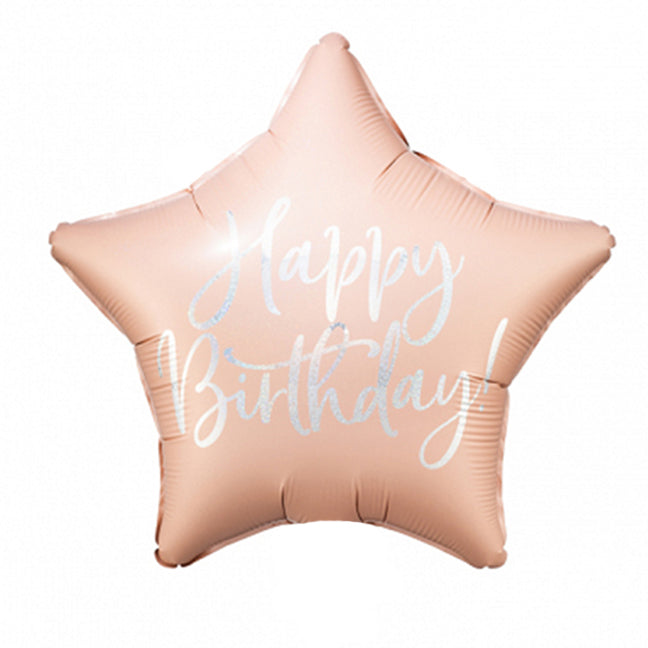 Balon gwiazdka pudrowy róż z napisem Happy Birthday
