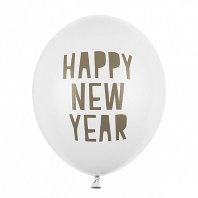 Balon lateksowy z helem, biały, PartyDeco, 30cm - Happy New Year