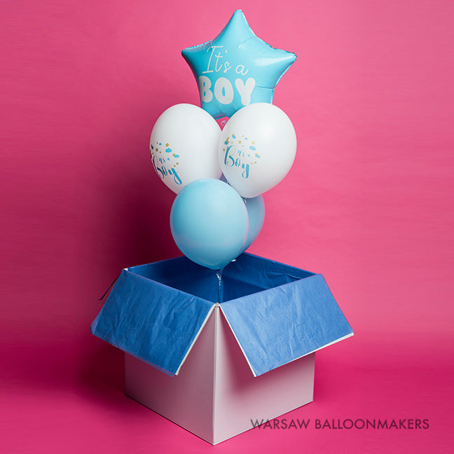 Bukiet balonowy z helem, niebieski It's a boy, dodaj karton - Warsaw balloonmakers