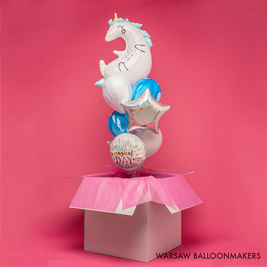 Bukiet balonowy z helem Have a magical day z jednorożcem, unicorn, dodaj karton - Warsaw balloonmakers