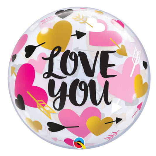 Balon bubble z helem "Love You" serduszka złote i różowe 56cm - Warsaw balloonmakers