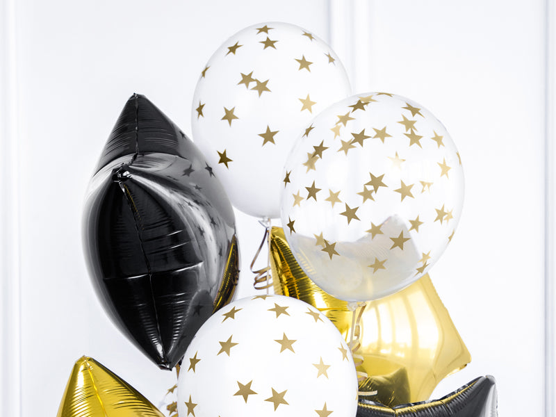 Balon lateksowy z helem, transparentny, PartyDeco, 30cm - Gwiazdki złote