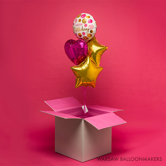 Bukiet balonowy z helem, Happy Birthday gwiazdki i serce, dodaj karton - Warsaw balloonmakers