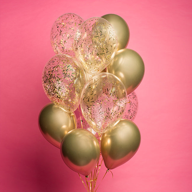 Wiązanka balonów złotych z konfetti z helem - Warsaw balloonmakers